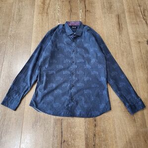 Jared Lang men's long sleeve navy printed cotton button-up sz med corpcore
